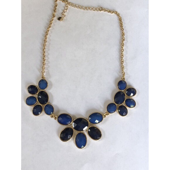 Statement Bib Necklace faceted Two Tones Of  Blue Lucite beads Gold Tone 19” - Picture 1 of 7